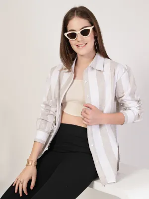 Style Quotient Women Beige And White Stripe Polycotton Oversize Smart Casual Shirt