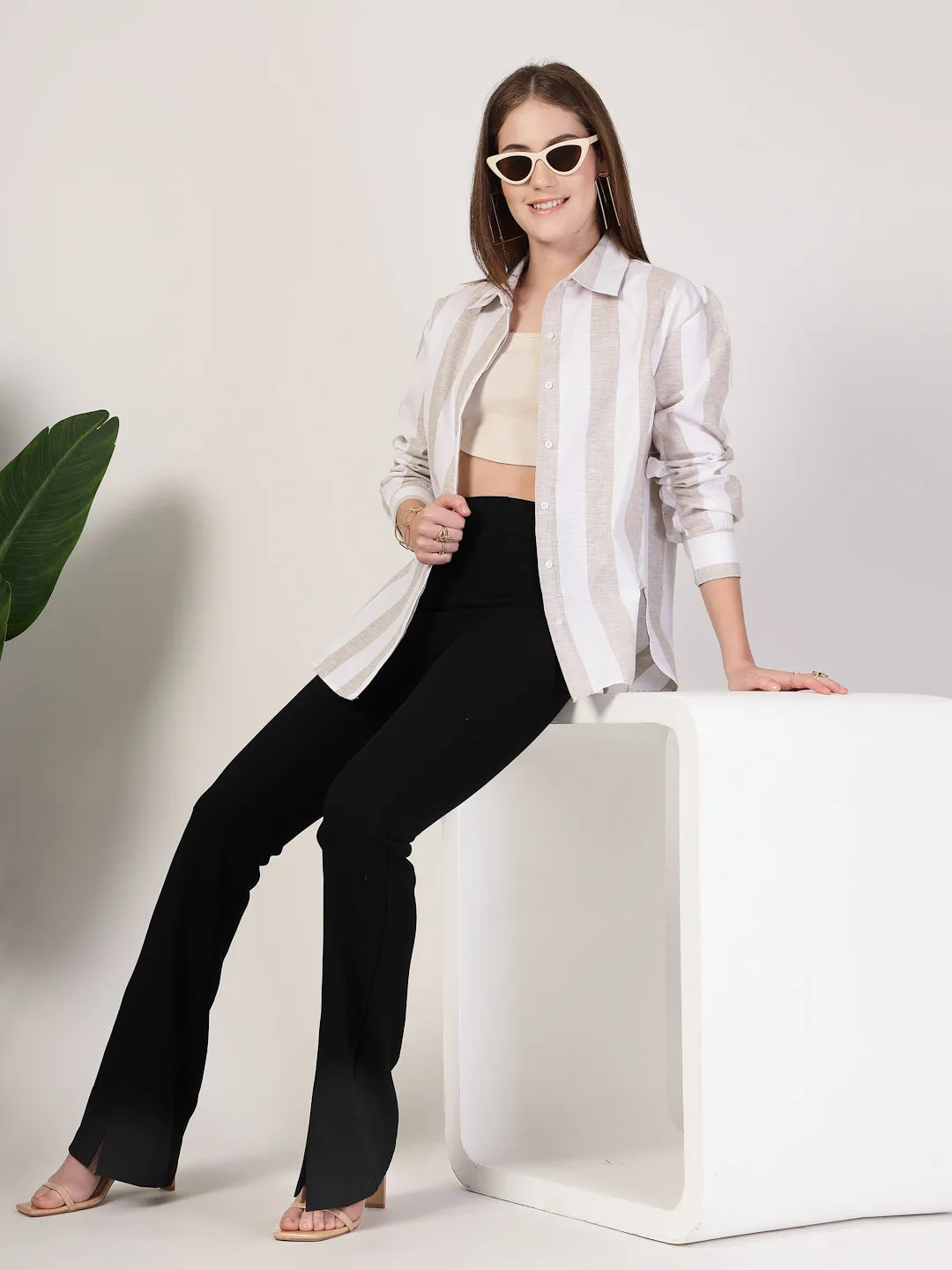 Style Quotient Women Beige And White Stripe Polycotton Oversize Smart Casual Shirt