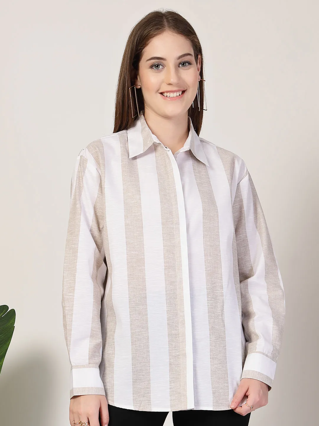 Style Quotient Women Beige And White Stripe Polycotton Oversize Smart Casual Shirt