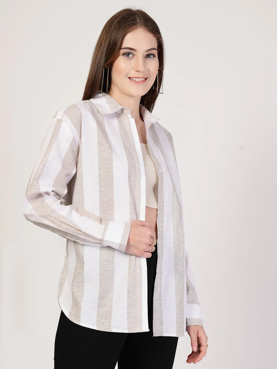 Style Quotient Women Beige And White Stripe Polycotton Oversize Smart Casual Shirt