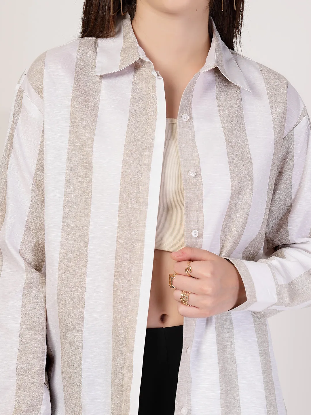 Style Quotient Women Beige And White Stripe Polycotton Oversize Smart Casual Shirt