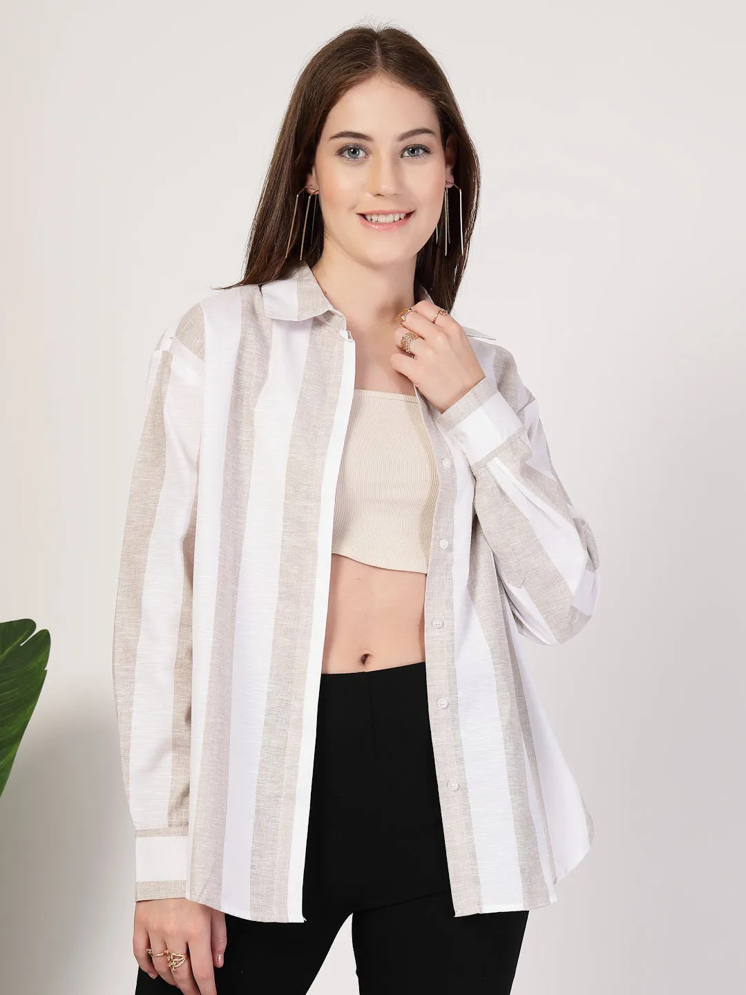 Style Quotient Women Beige And White Stripe Polycotton Oversize Smart Casual Shirt