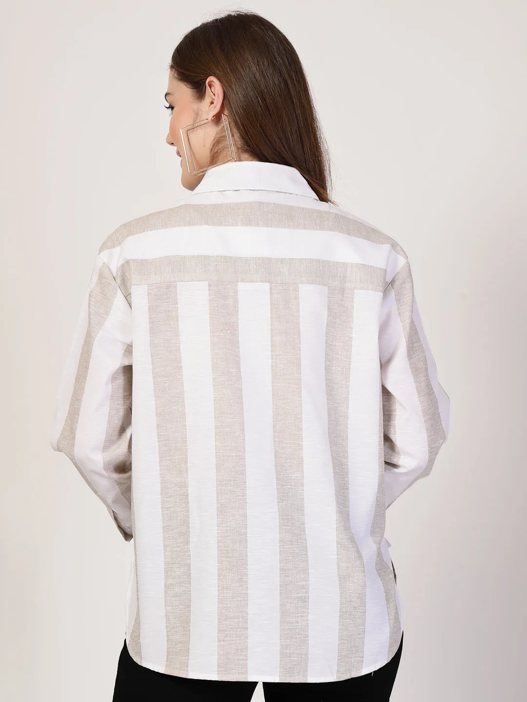 Style Quotient Women Beige And White Stripe Polycotton Oversize Smart Casual Shirt