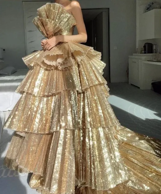 Stylish Gold Strapless A-line Tiered Party Dress Long Prom Dresses to Impress ,WGP1547