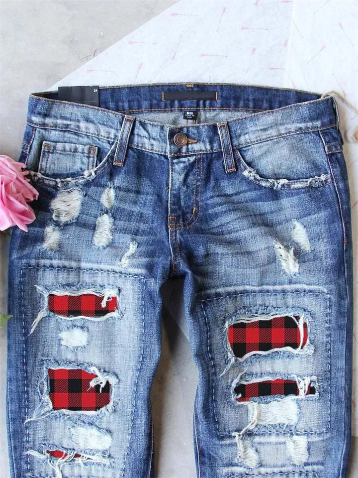 Stylish Mid-Rise Button Up Ripped Plaid Washed Effect Denim Trousers