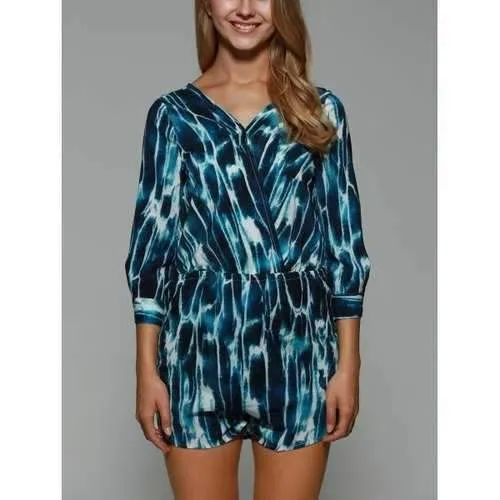 Stylish Plunging Neck Long Sleeve Print Backless Women's Playsuit - Xs