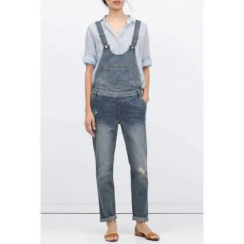 Stylish Ripped Nine Minutes of Women's Overall - Blue S