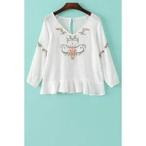 Stylish V-Neck 3/4 Sleeve Embroidery Back Cut Out Women's Blouse - White S