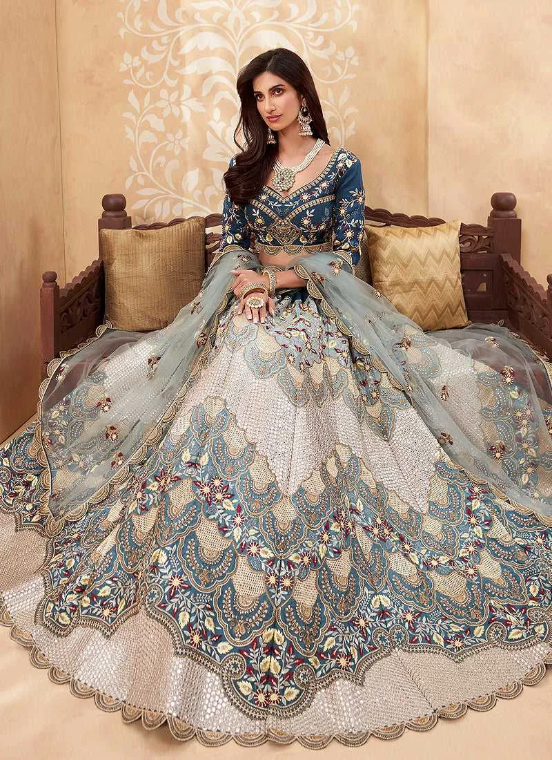 Teal Blue Heavy Floral Embroidered Stylish Lehenga Choli