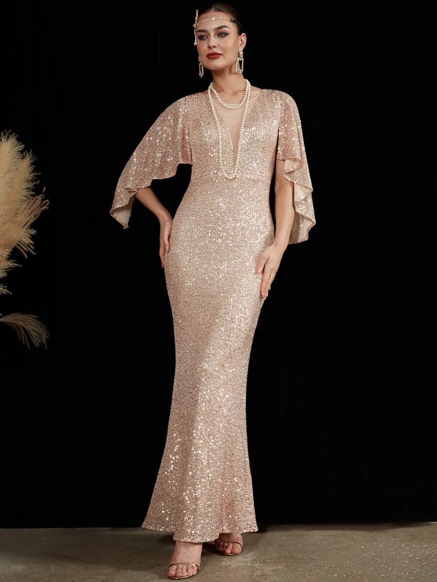 V-Neck 3/4 Ruffle Sleeves Sequin Floor Length Mermaid Formal Dress
