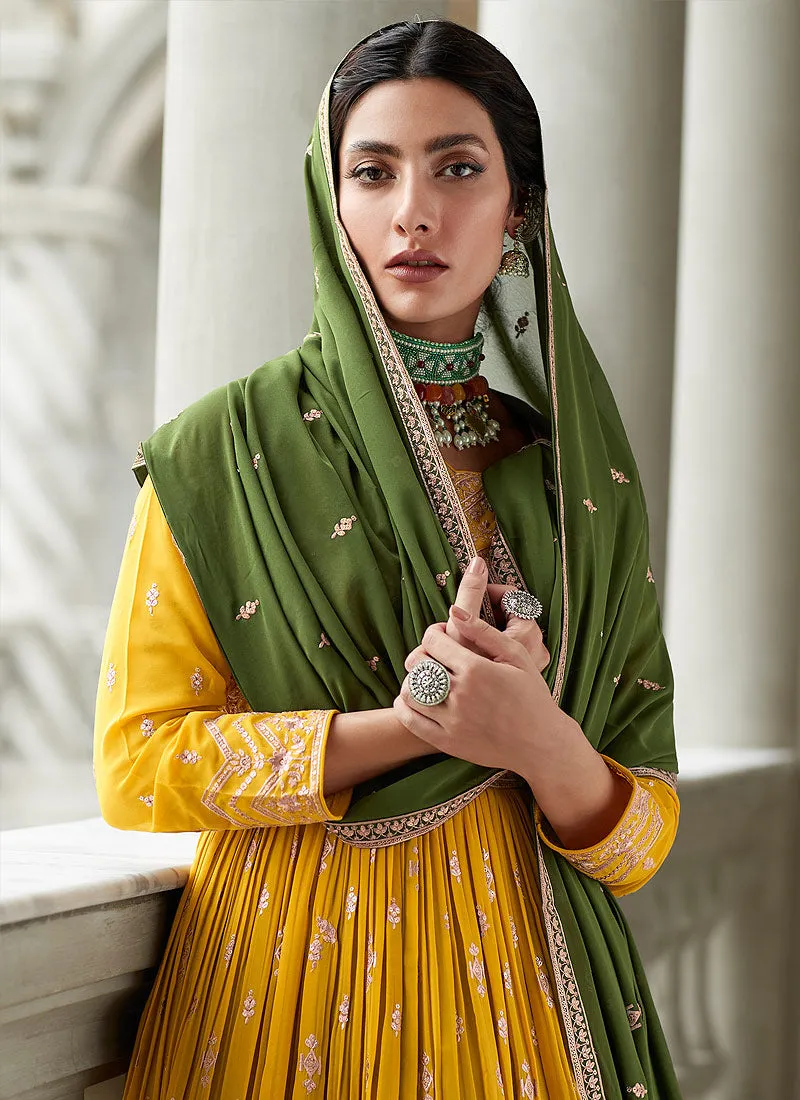 Yellow and Green Heavy Embroidered Stylish Lehenga